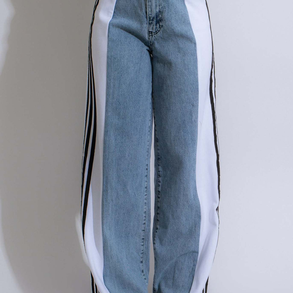 2024 Fashion Casual High Waist Elastic Straight Leg Trousers Three Stripe Patchwork Denim Wide Leg Pants Streetwear