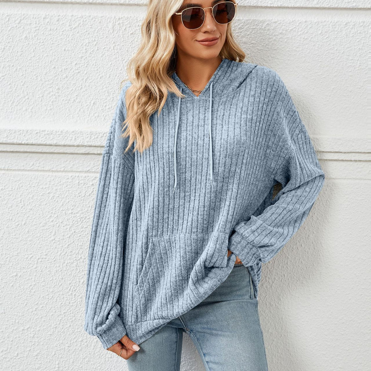 Knitted Sweater With Hooded Pit Stripe Kangaroo Pocket Sweater