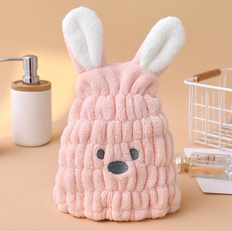 Cute Cartoon Coral Fleece Baby Rabbit Ears Head Hair Drying Towel Women