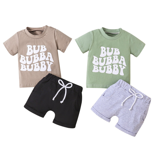 Boys' Round Neck Solid Color Letter Print Short-sleeve Top Solid Color Drawstring Shorts