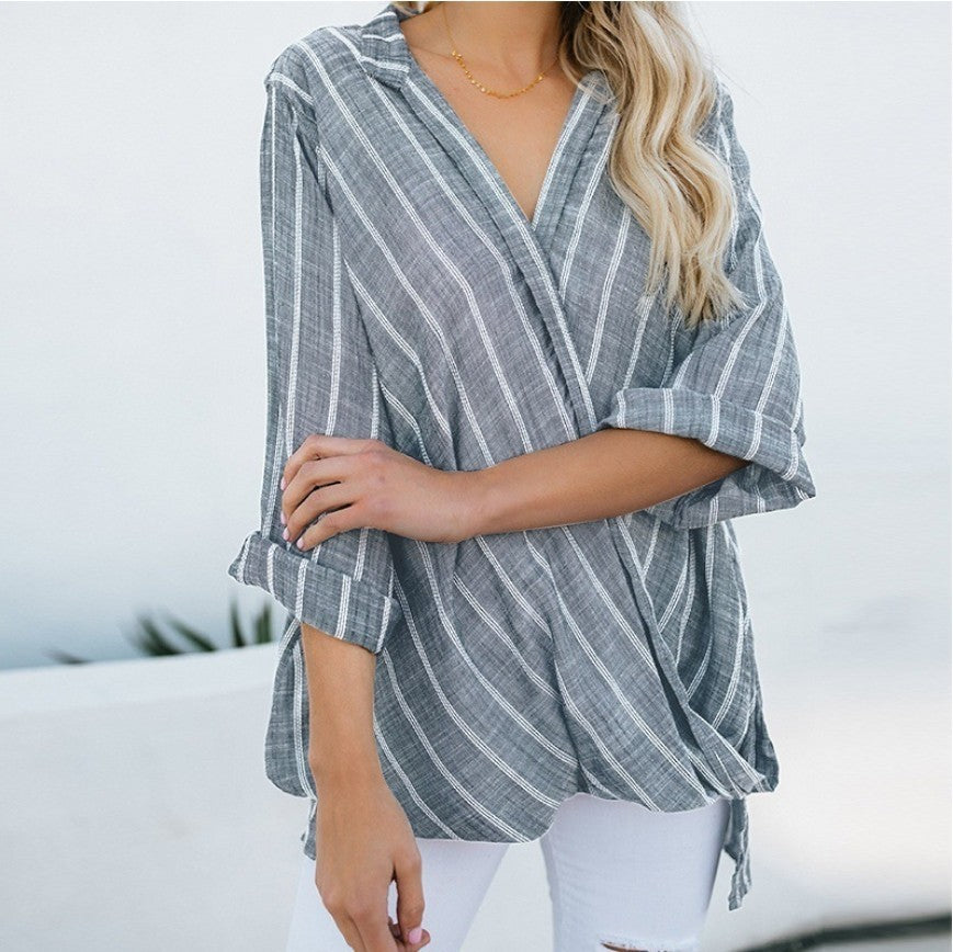 Striped Cotton And Linen Irregular Long Sleeve Plus Size Blouse