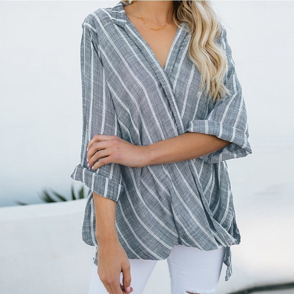 Striped Cotton And Linen Irregular Long Sleeve Plus Size Blouse