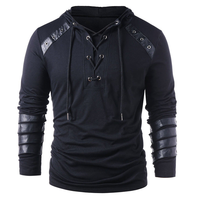 Men's T-shirt With Leather Tethered Hooded Pullover Long-sleeved Sports T-shirt