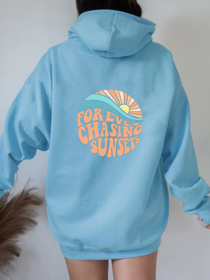 Fleece-lined Sunset Print Kangaroo Pocket Drawstring Hoodie