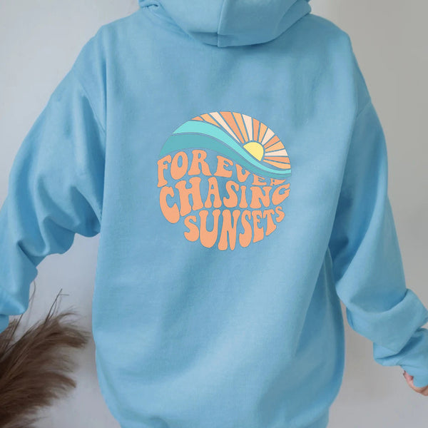 Fleece-lined Sunset Print Kangaroo Pocket Drawstring Hoodie