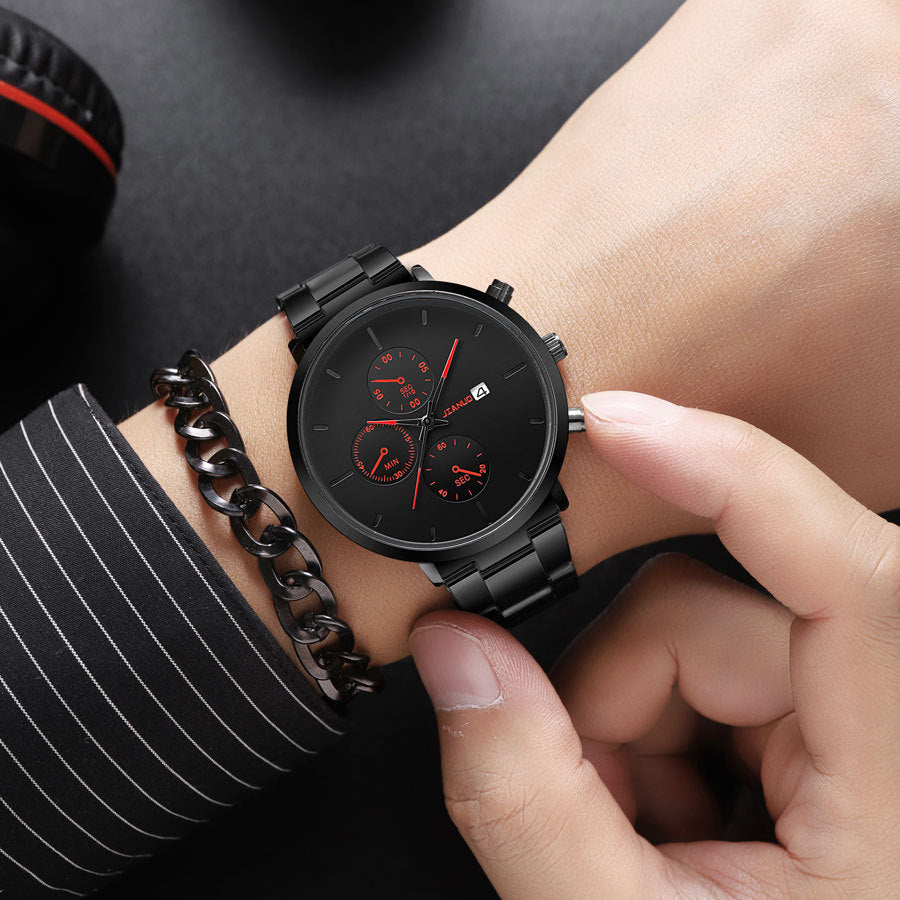Multifunctional Sports Three-eye Calendar Alloy Band Quartz Watch