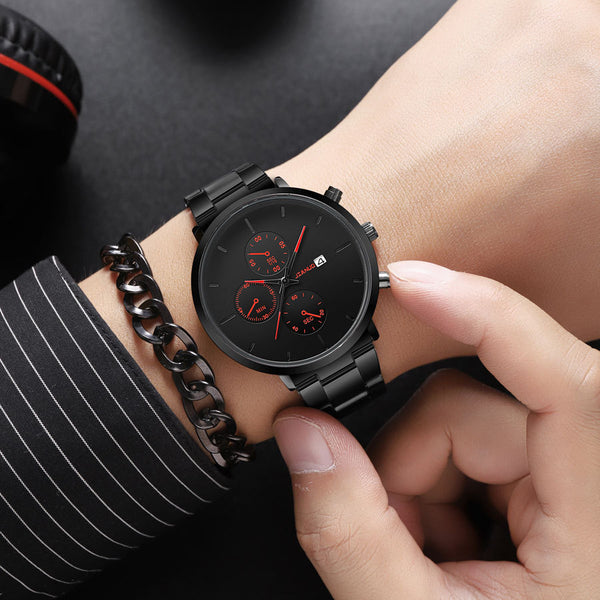 Multifunctional Sports Three-eye Calendar Alloy Band Quartz Watch