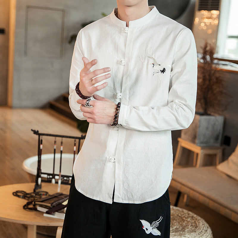 Crane Embroidery Men Cotton Linen Long Sleeve Blouse