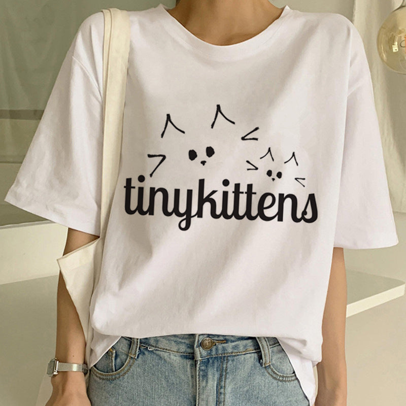 Personalized Funny Cat Print Men And Women Couple Short-sleeved T-shirt Ins Tide
