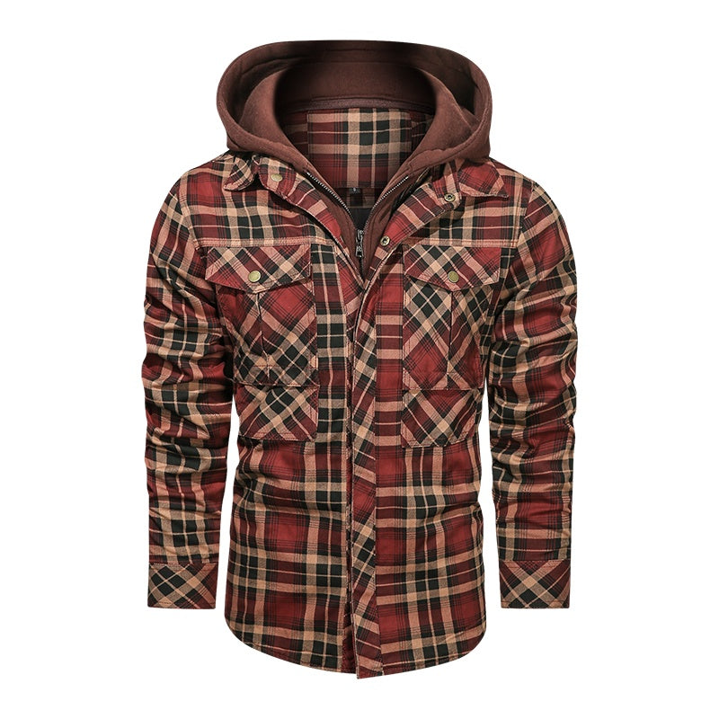 Men Long-sleeved Plaid Jacket Regular Fit Fleece Detachable Hoodies Jackets