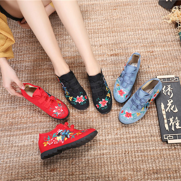 Women's Single Ethnic Embroidered Cloth Shoes With Rubber Platform Elegant Buckle