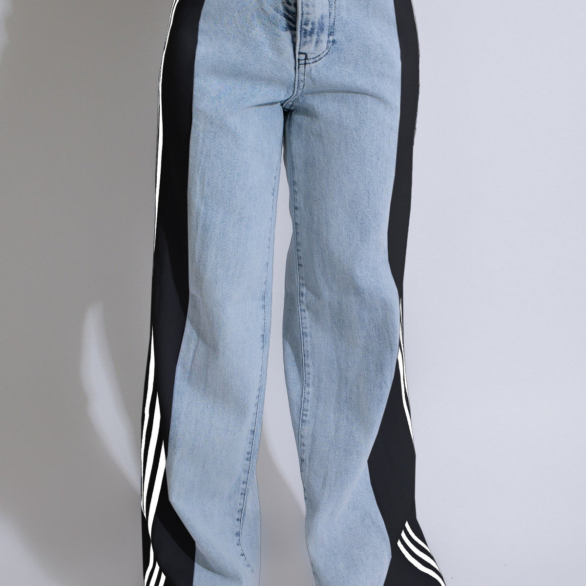 2024 Fashion Casual High Waist Elastic Straight Leg Trousers Three Stripe Patchwork Denim Wide Leg Pants Streetwear