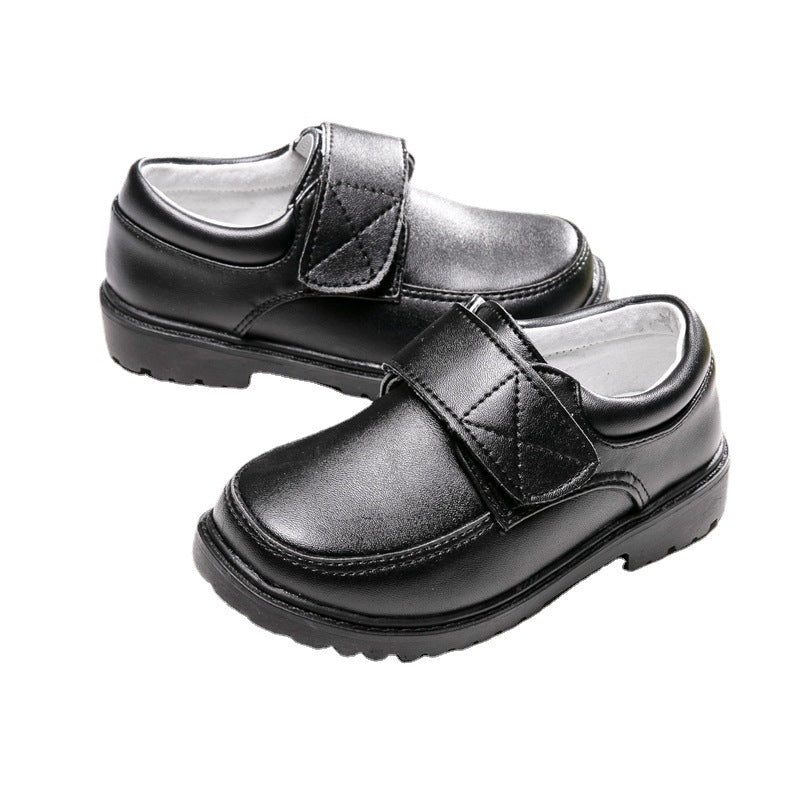 Boys Black Student Velcro British Leather Shoes