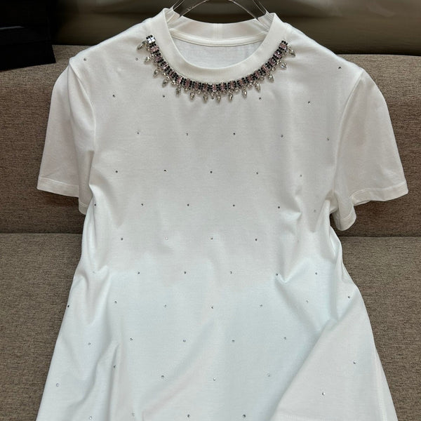 Simple Round Neck Rhinestone Full Diamond Design Short Sleeve T-shirt