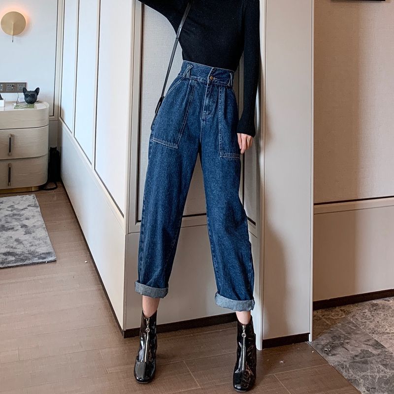 High Waist Denim Straight Wide Leg Pants Women Retro