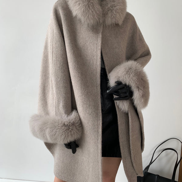 Cape Fox Fur Collar Cashmere Wavy Coat