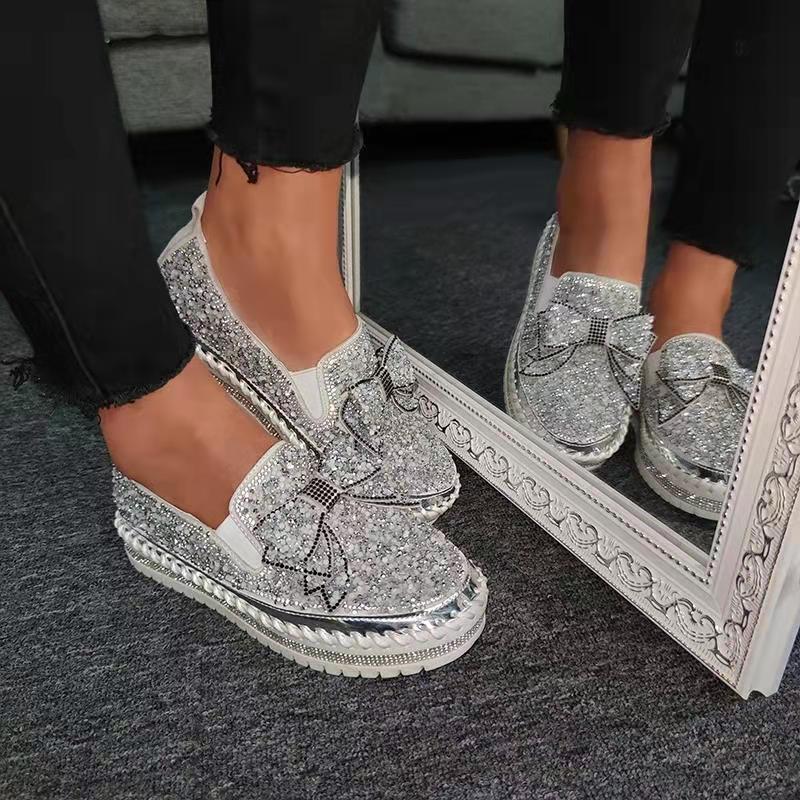 Single shoe with a thick sole lazy rhinestone bow