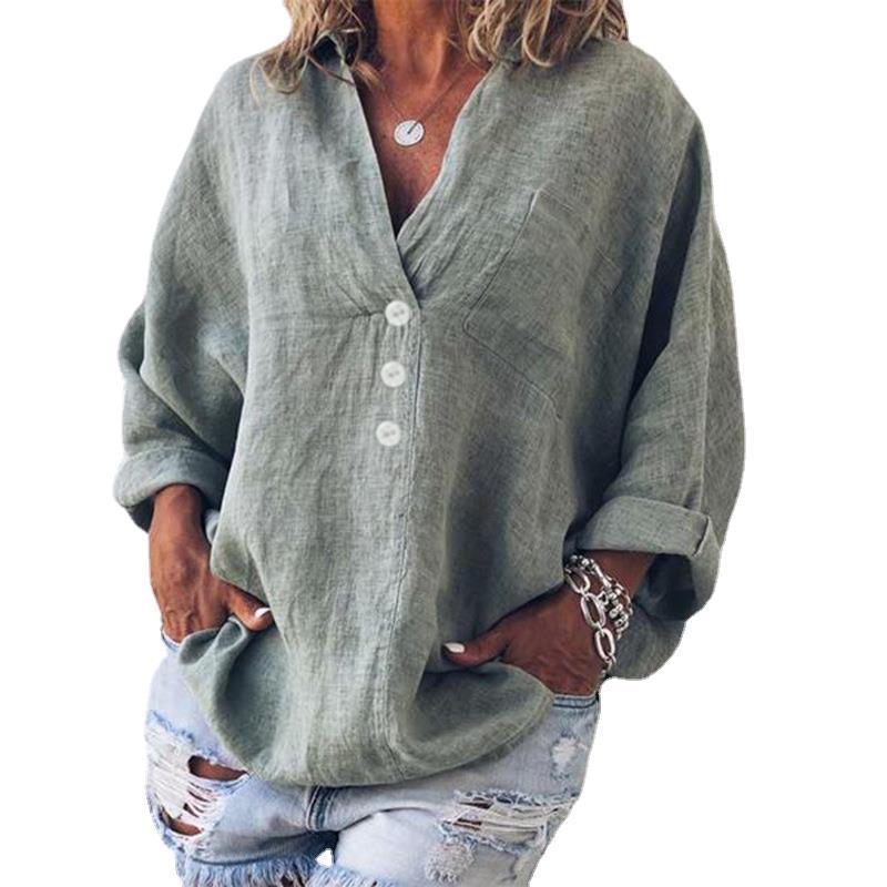 Women's V-neck Imitation Cotton Linen Long Sleeve Blouse Pullover Shirt