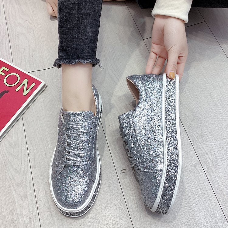 Rhinestone sequins large size flat lace-up women's shoes