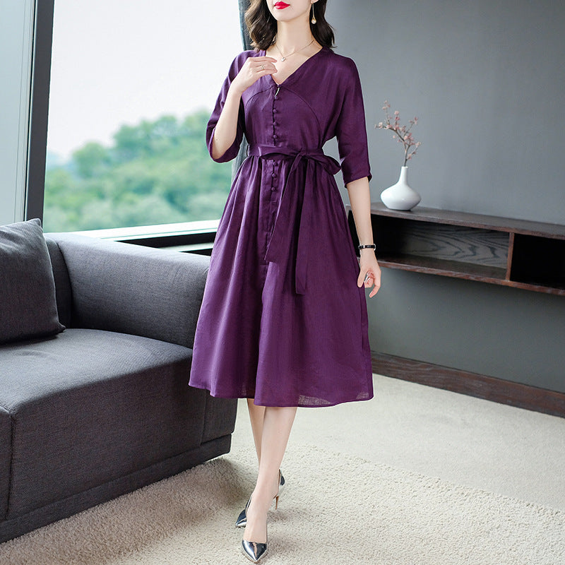 Summer Five-point Sleeve Cotton And Linen Dress