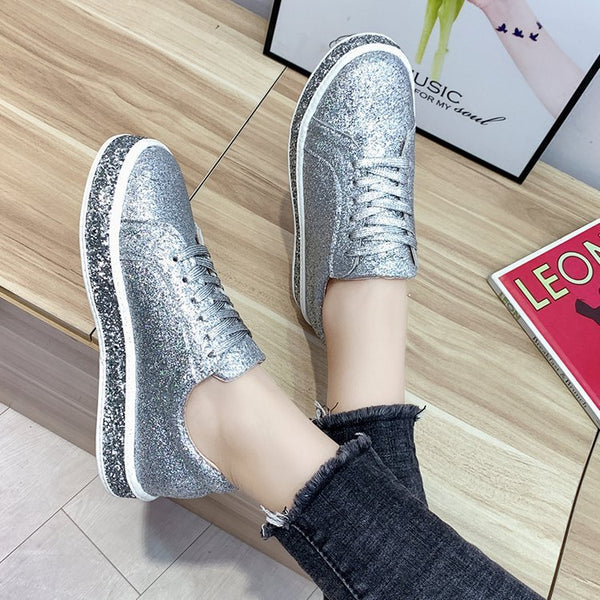 Rhinestone sequins large size flat lace-up women's shoes