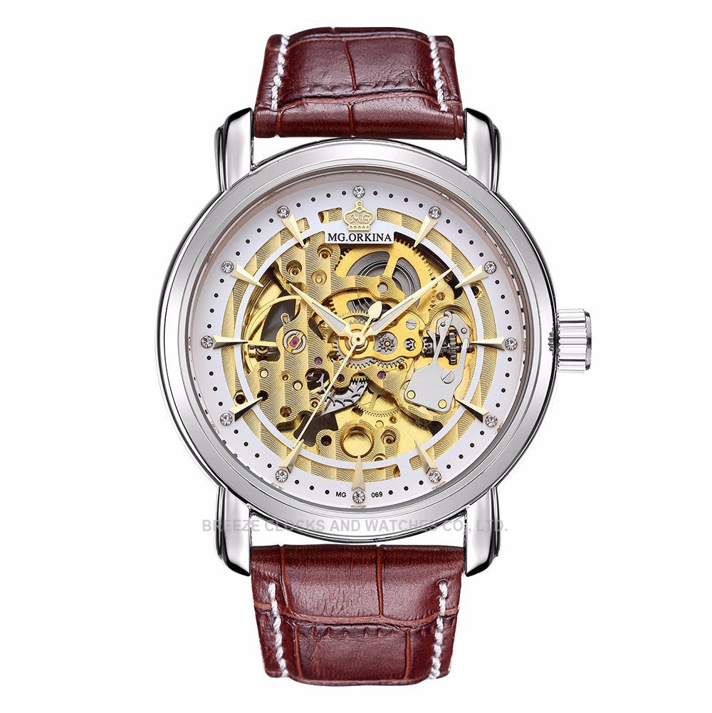 Men's hollow luxury diamond leather strap watch