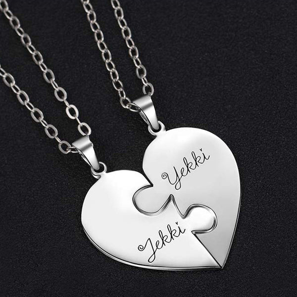 Engraved S925 Silver Jigsaw Puzzle Breakable Heart Pendant Necklaces for Couples, Friends & Family