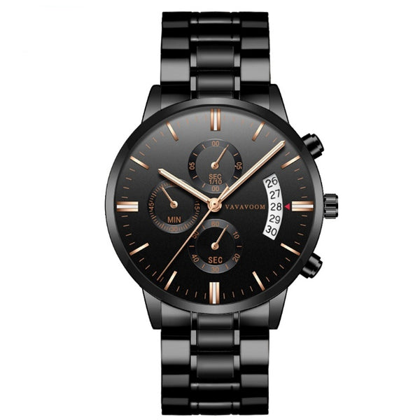 Men''s Stainless Steel Watches with Business Leisure Calendar Quartz Watches Waterproof Black Refined Steel Watches