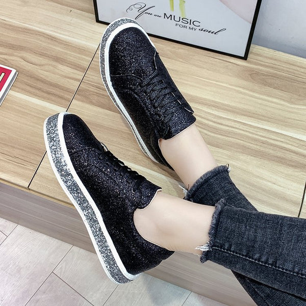 Rhinestone sequins large size flat lace-up women's shoes