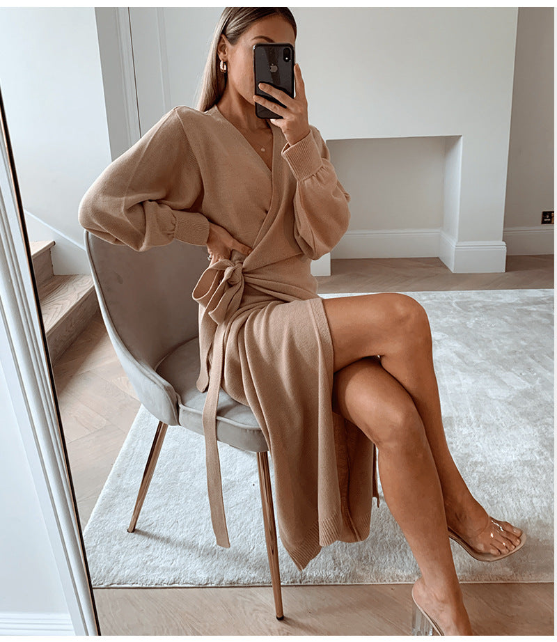 Casual solid color V-neck sexy lace up slit Knit Skirt