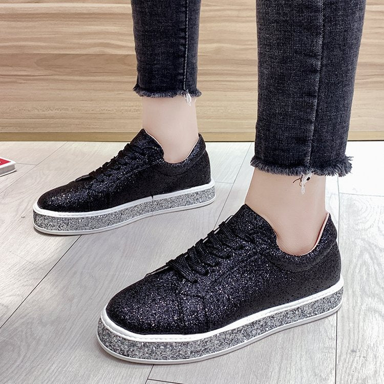 Rhinestone sequins large size flat lace-up women's shoes