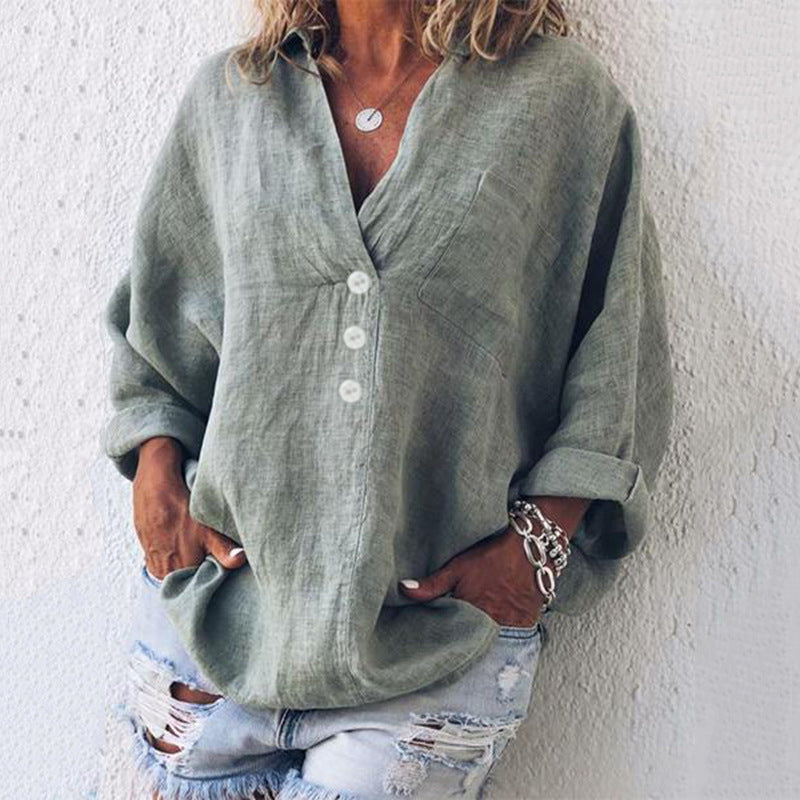 Women's V-neck Imitation Cotton Linen Long Sleeve Blouse Pullover Shirt