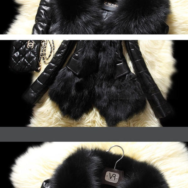 Faux fur large fur collar leather jacket