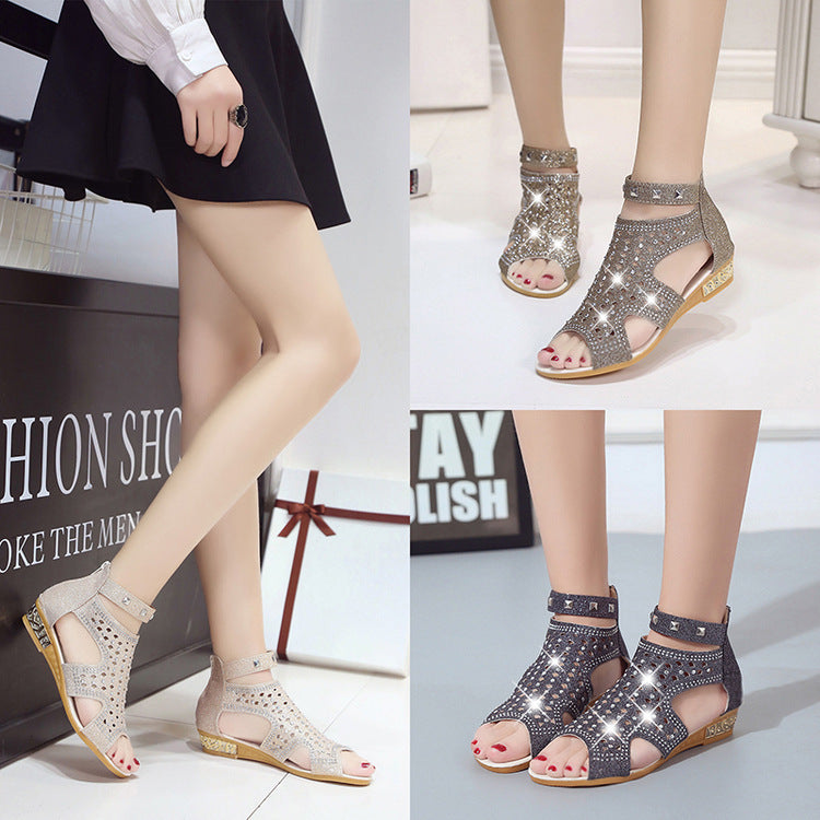 Hollow Comfortable Open-Toe Non-Slip Flat Roman Korean Flat-Heel Rhinestone Women's Shoes