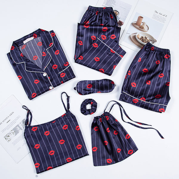 Summer seven-piece suit sexy suspenders ice silk pajamas