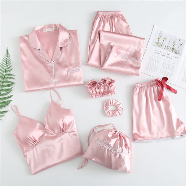 Summer seven-piece suit sexy suspenders ice silk pajamas