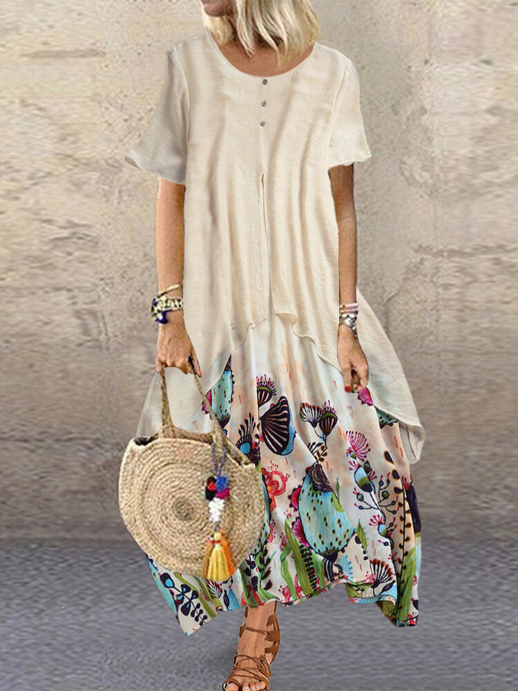 Round Neck Pullover Print Loose Long Dress