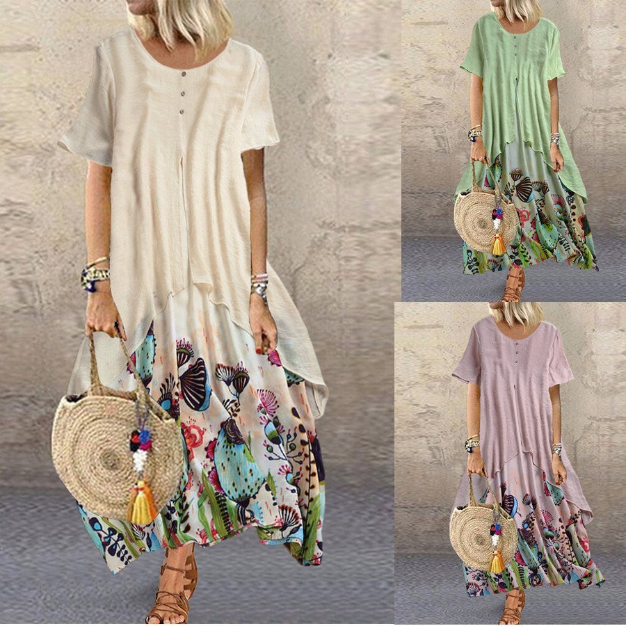 Round Neck Pullover Print Loose Long Dress