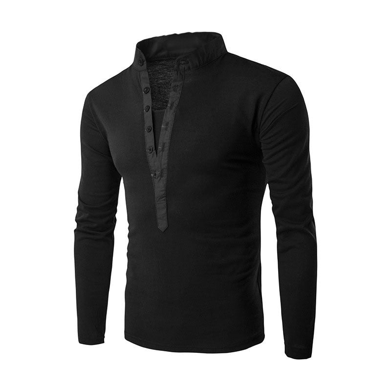 Stand-up Collar Casual Button Placket Slim Long-Sleeved T-shirt