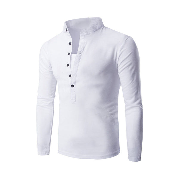 Stand-up Collar Casual Button Placket Slim Long-Sleeved T-shirt