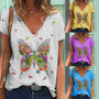 Women's Loose V Neck Short Sleeved Butterfly Print Top Women
