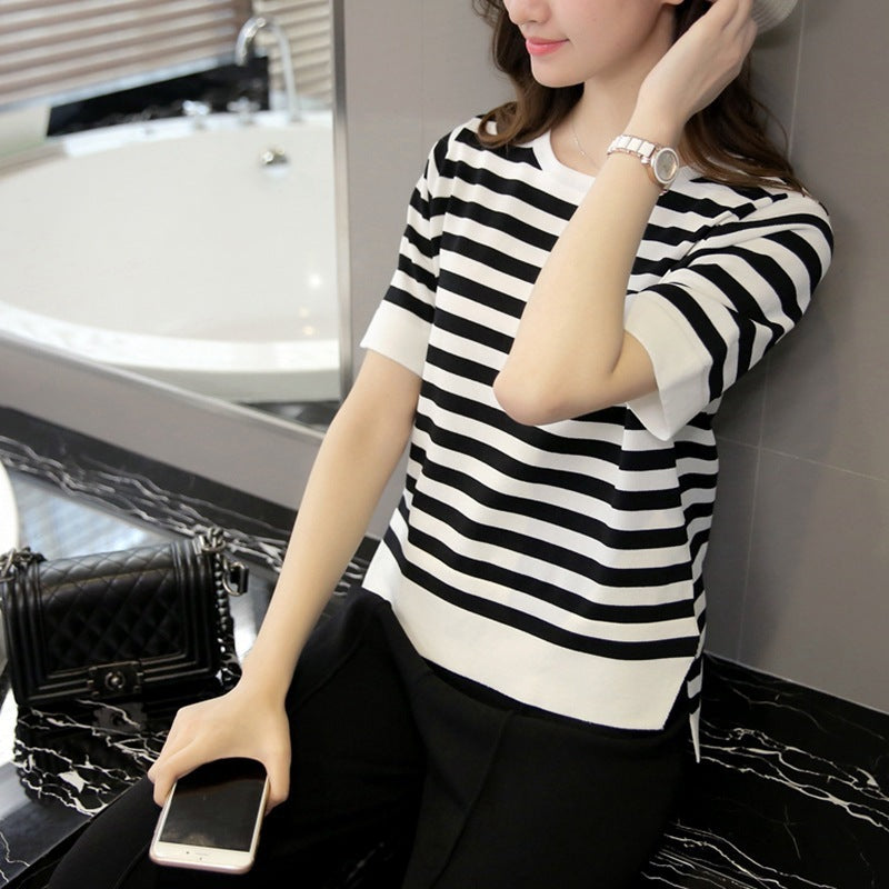 Women'S Black And White Striped Front Short Back Long Short Sleeve T-Shirt