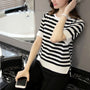 Women'S Black And White Striped Front Short Back Long Short Sleeve T-Shirt