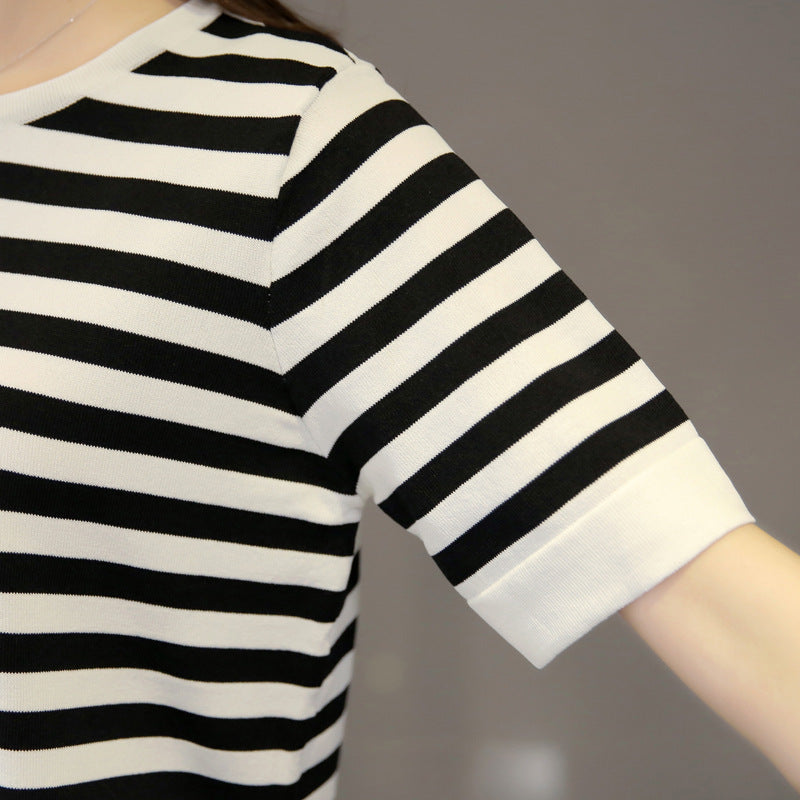 Women'S Black And White Striped Front Short Back Long Short Sleeve T-Shirt