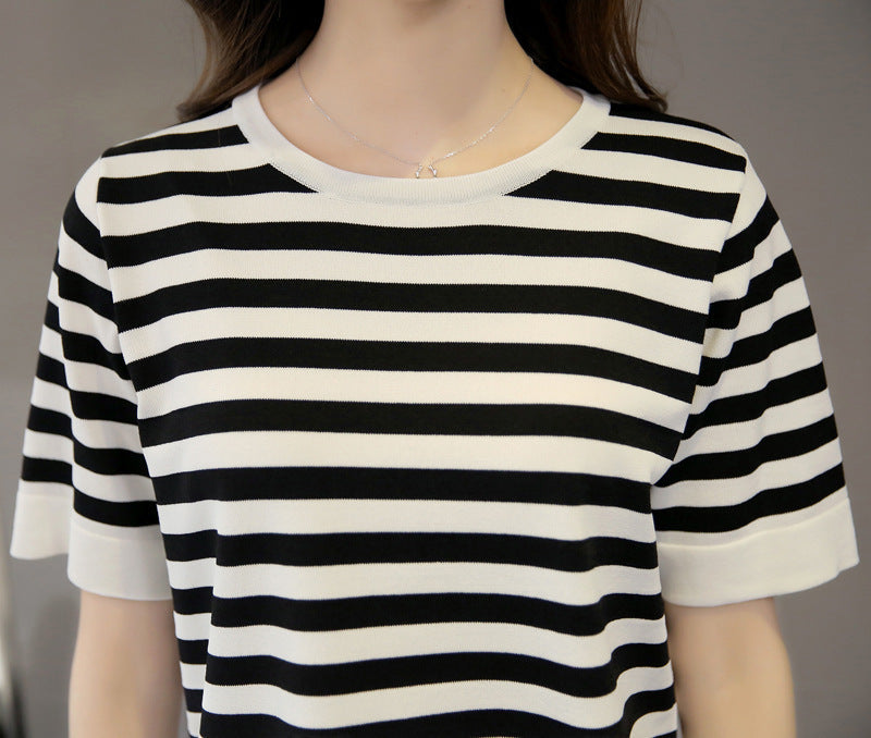 Women'S Black And White Striped Front Short Back Long Short Sleeve T-Shirt