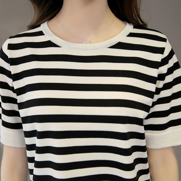 Women'S Black And White Striped Front Short Back Long Short Sleeve T-Shirt