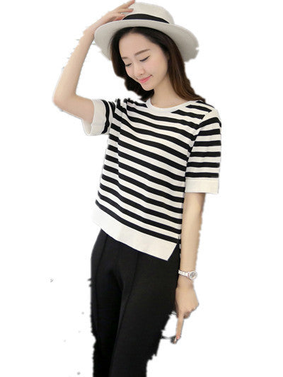 Women'S Black And White Striped Front Short Back Long Short Sleeve T-Shirt