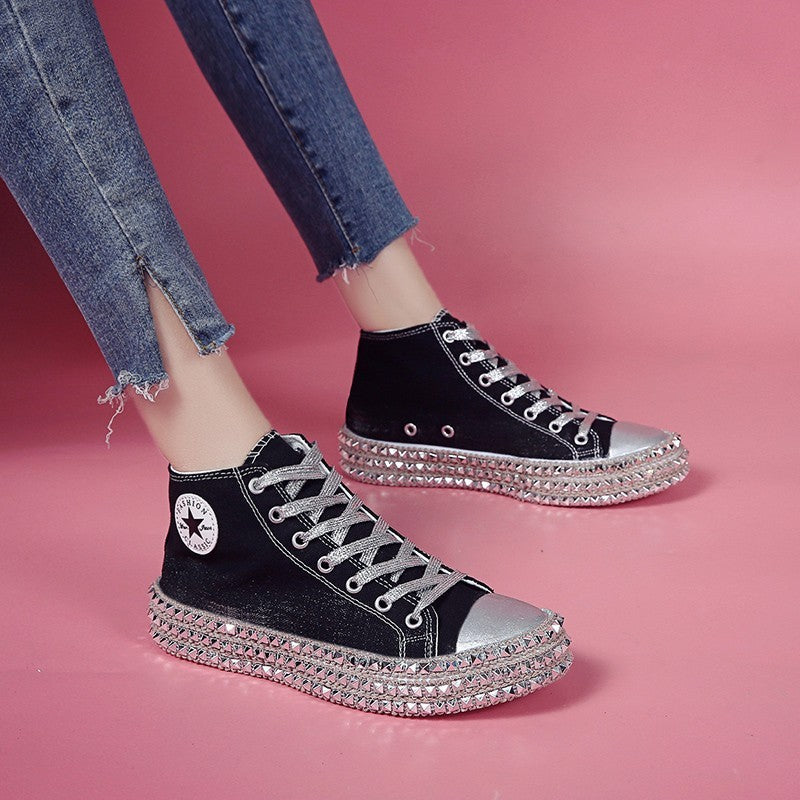 Fashion High-Top Rhinestone Canvas Shoes Women Korean Style Personality Plus Size Women'S Casual Canvas Shoes