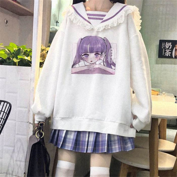 Japanese Sweet And Young Girl Print Navy Collar Sweatshirt