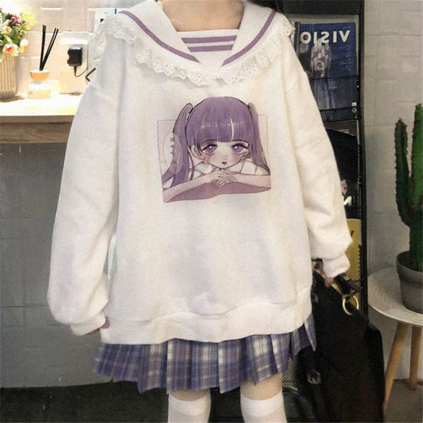 Japanese Sweet And Young Girl Print Navy Collar Sweatshirt